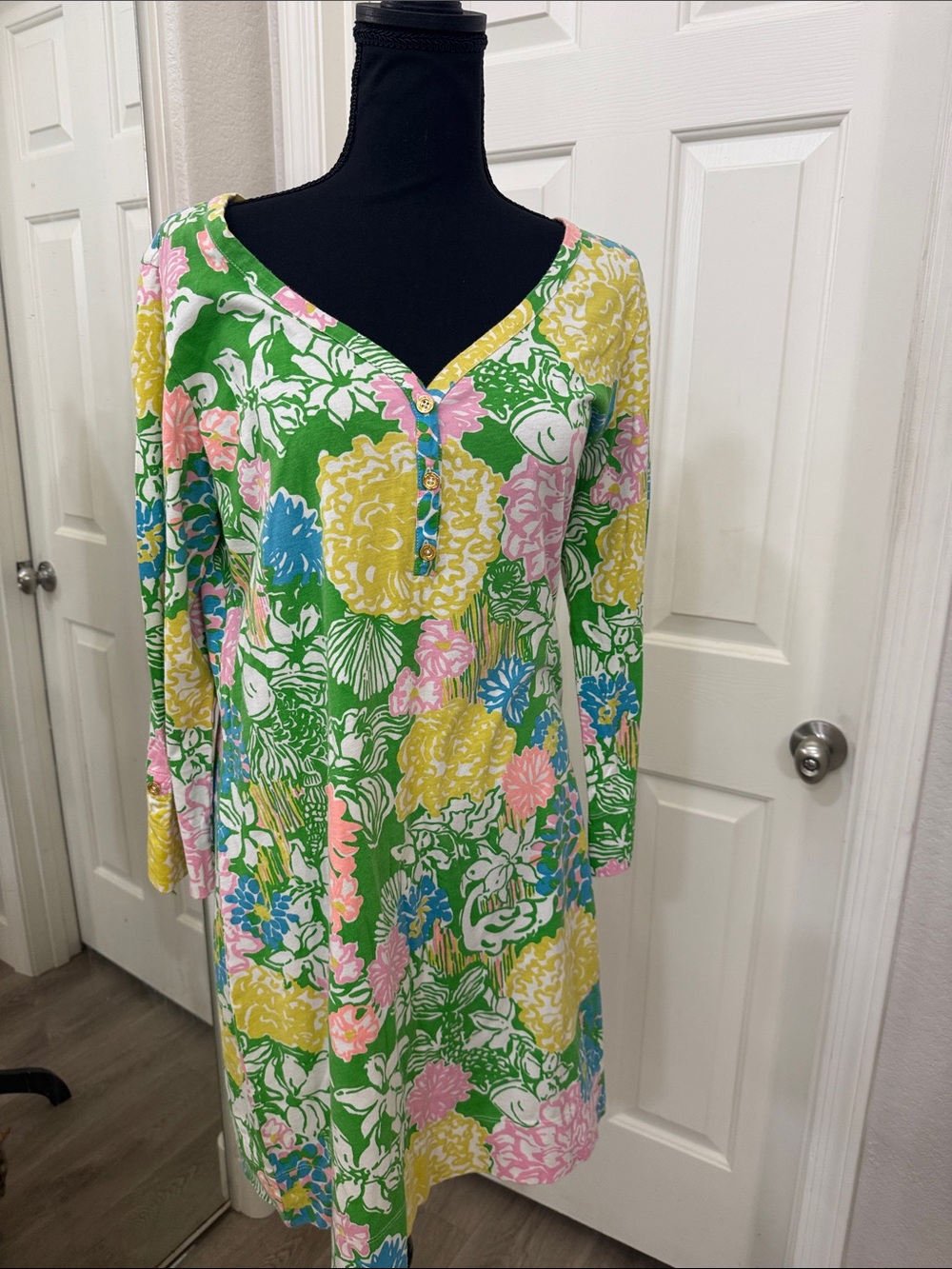 Lilly Pulitzer Green Floral Button-Front Long Sleeve Dress